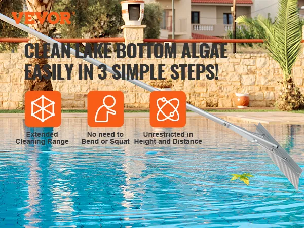 VEVOR landscape rake used for pool cleaning with 75-inch long handle and extended cleaning range.