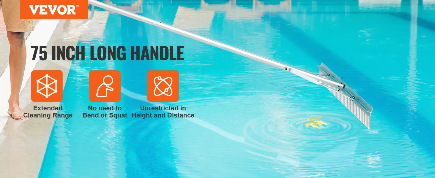 VEVOR landscape rake used for pool cleaning with 75-inch long handle and extended cleaning range.