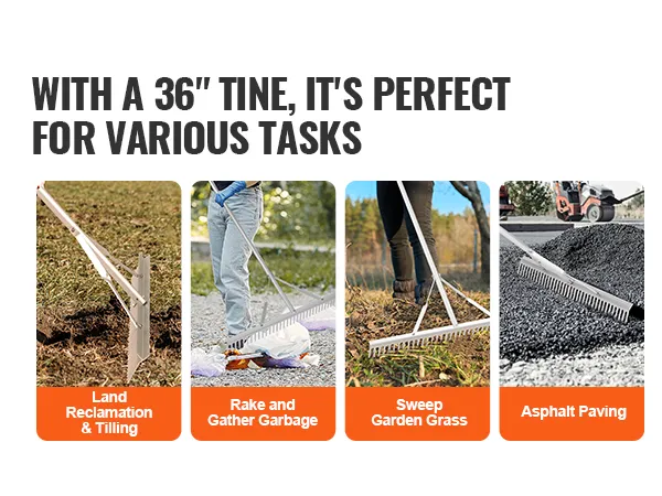 VEVOR landscape rake with 36" tine used for land reclamation, asphalt paving, garbage raking, and more.