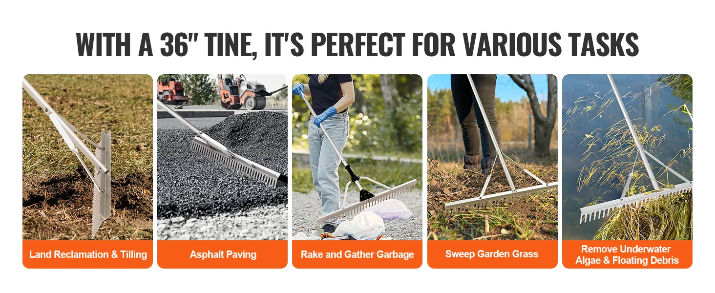 VEVOR landscape rake with 36" tine used for land reclamation, asphalt paving, garbage raking, and more.