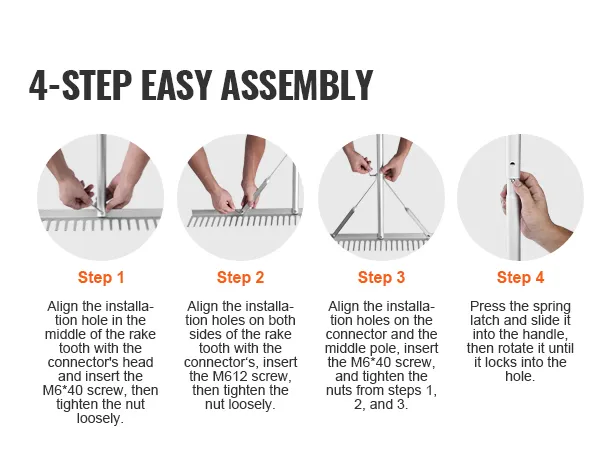 4-step easy assembly guide for VEVOR landscape rake with visual instructions and labeled steps.
