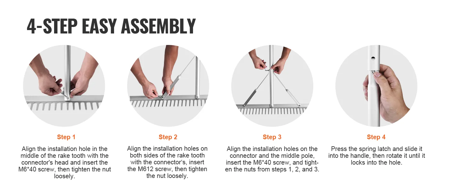 4-step easy assembly guide for VEVOR landscape rake with visual instructions and labeled steps.