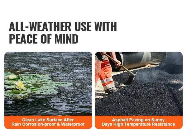 all-weather use with peace of mind banner, showing clean lake and asphalt paving under sun.