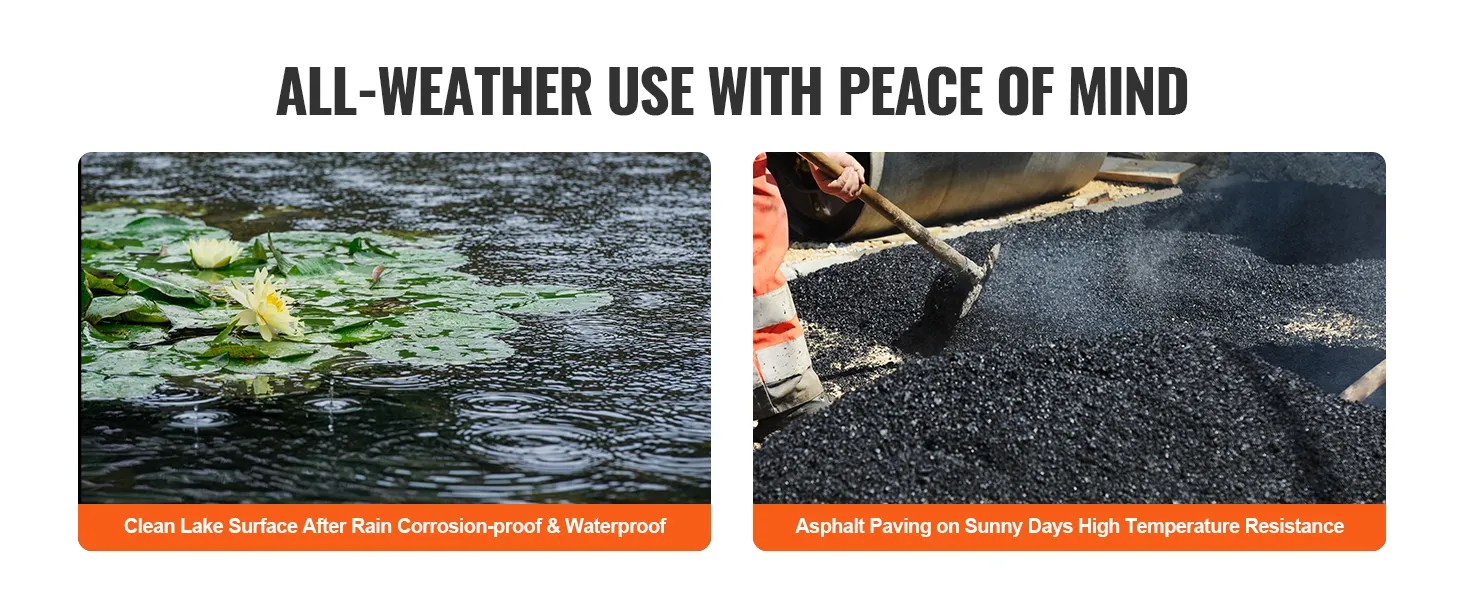 all-weather use with peace of mind banner, showing clean lake and asphalt paving under sun.