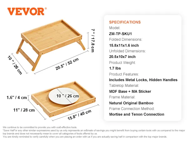 VEVOR bedtafeltje van bamboe, opvouwbare poten, 20,5 x 10 x 7 inch, inclusief metalen sloten, verborgen handgrepen.