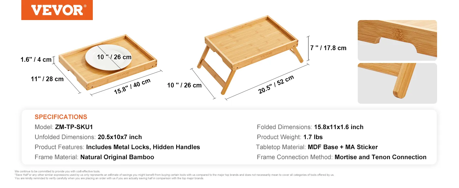 VEVOR bedtafeltje van bamboe, opvouwbare poten, 20,5 x 10 x 7 inch, inclusief metalen sloten, verborgen handgrepen.