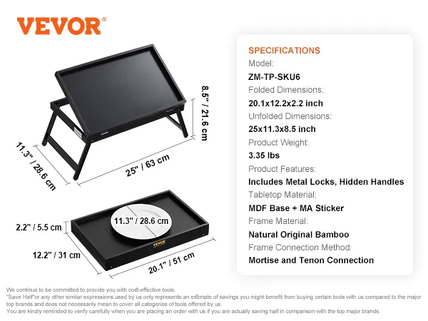 VEVOR bed tray table with metal locks, hidden handles, and bamboo frame, measuring 25x11.3x8.5 inches.