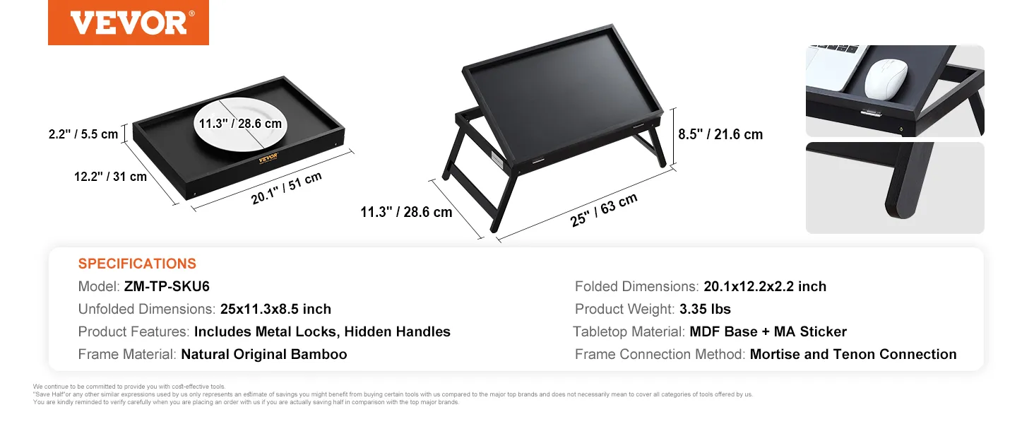 VEVOR bed tray table with metal locks, hidden handles, and bamboo frame, measuring 25x11.3x8.5 inches.