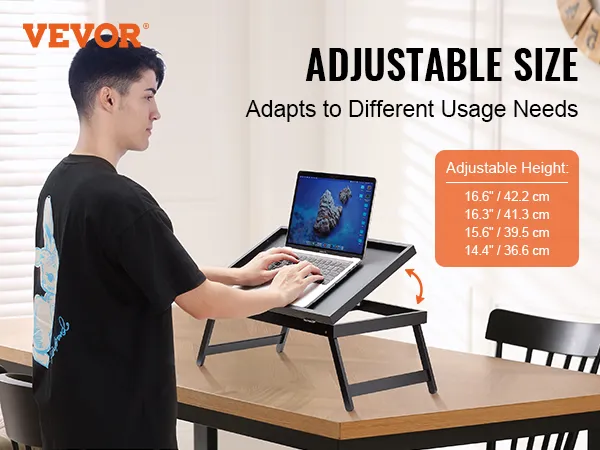 VEVOR bed tray table with adjustable height, shown being used with a laptop on a wooden table.