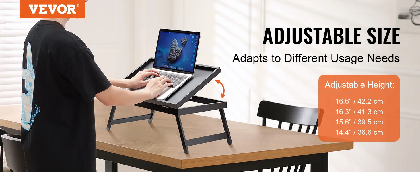 VEVOR bed tray table with adjustable height, shown being used with a laptop on a wooden table.