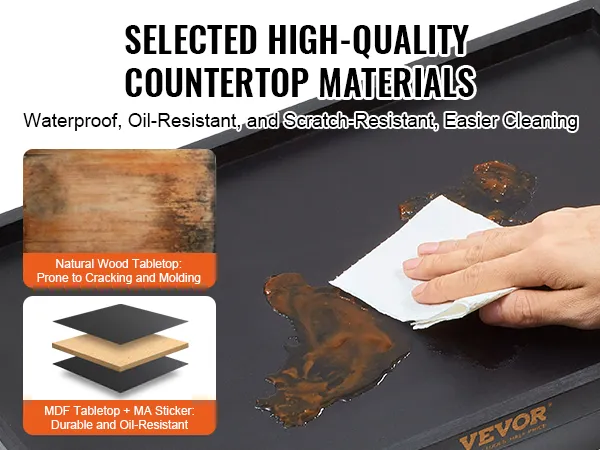 VEVOR bed tray table showcasing waterproof, oil-resistant, and scratch-resistant countertop materials.