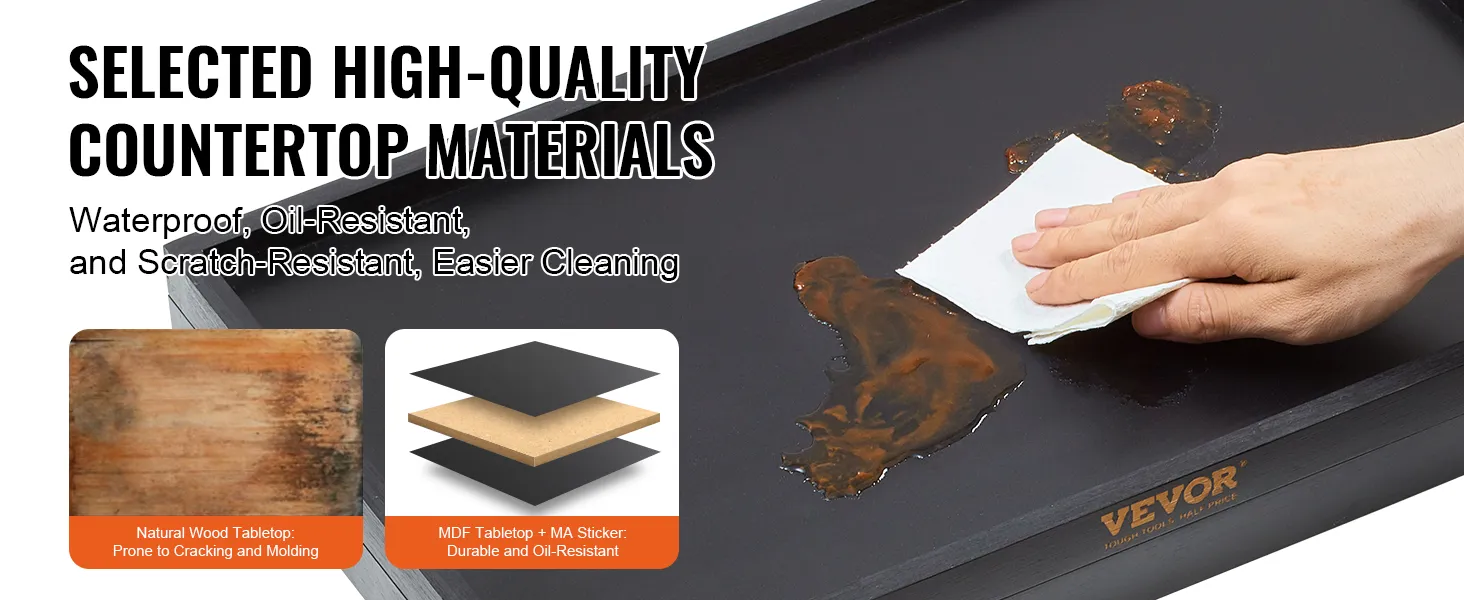 VEVOR bed tray table showcasing waterproof, oil-resistant, and scratch-resistant countertop materials.