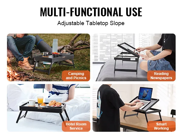VEVOR bed tray table for camping, reading, hotel service, and smart working with adjustable tabletop slope.