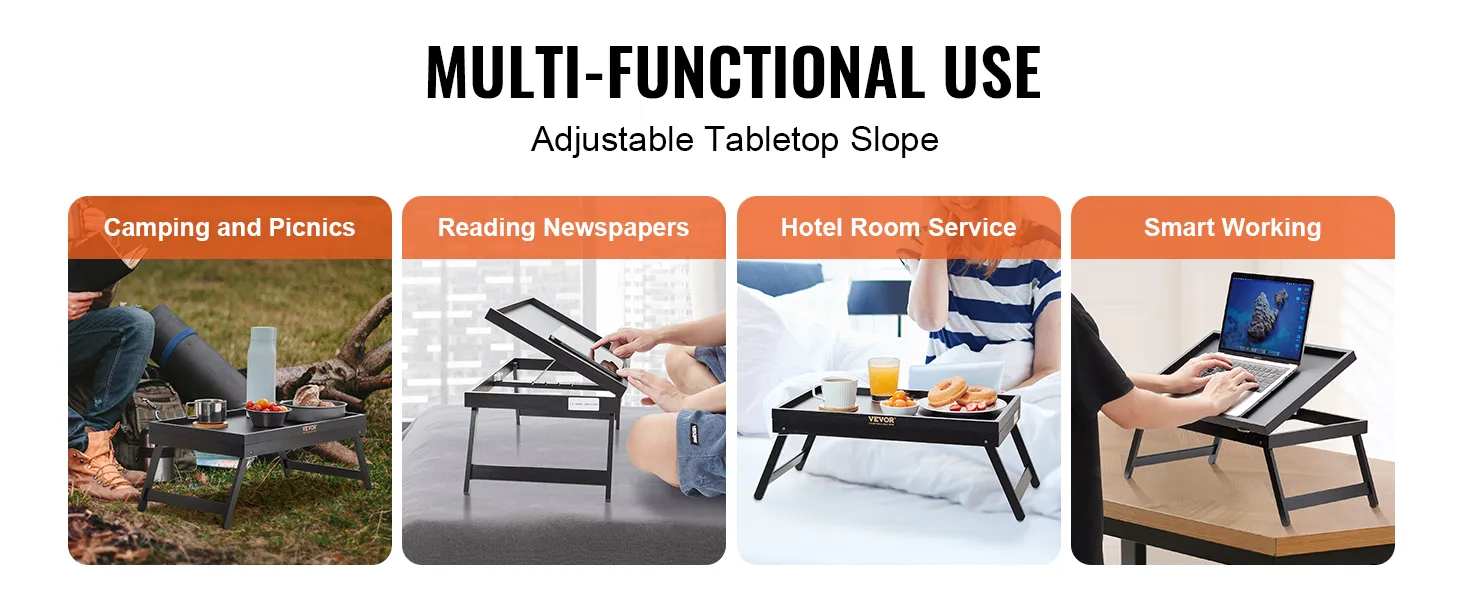 VEVOR bed tray table for camping, reading, hotel service, and smart working with adjustable tabletop slope.