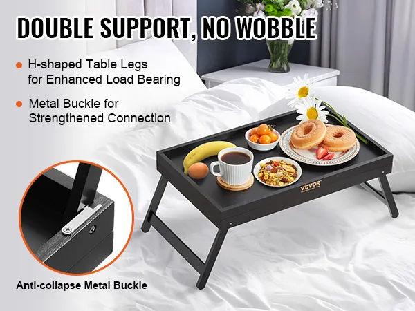VEVOR bed tray table with breakfast, coffee, flowers, h-shaped legs, and anti-collapse metal buckle.
