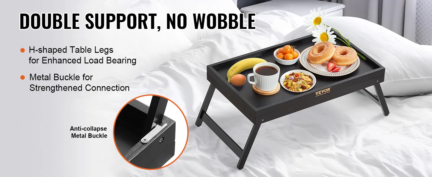 VEVOR bed tray table with breakfast, coffee, flowers, h-shaped legs, and anti-collapse metal buckle.