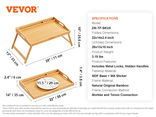VEVOR Betttabletttisch mit klappbaren Beinen, Bambusrahmen und versteckten Griffen, ideal für den Heimgebrauch.
