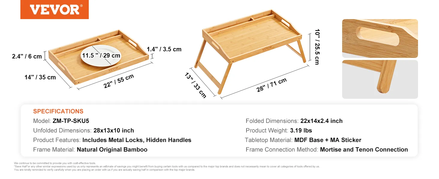 VEVOR Betttabletttisch mit klappbaren Beinen, Bambusrahmen und versteckten Griffen, ideal für den Heimgebrauch.
