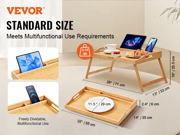 VEVOR-Betttabletttisch mit Getränkehalter, Tablet-Fächern und verstellbaren Beinen. Abmessungen: 28 x 13 x 10 Zoll.