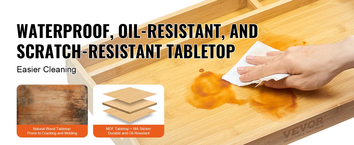 Mit der Hand wischt man verschüttete Flüssigkeit auf dem VEVOR-Betttabletttisch ab und zeigt dabei seine wasserdichte, ölbeständige und kratzfeste Tischplatte.