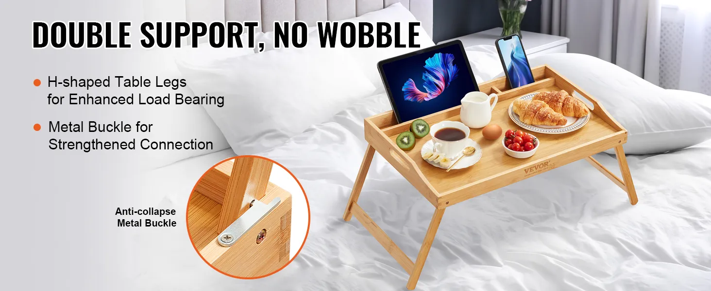 VEVOR-Betttabletttisch auf einem Bett mit Frühstück, Tablets und einem Telefon, mit stabilen H-förmigen Beinen.