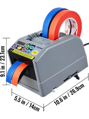 Dispensador automático de cinta VEVOR que manipula cinta azul y roja con dimensiones marcadas.