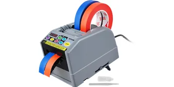 Dispensador de cinta automático VEVOR con rollos de cinta de dos colores y botones de control.