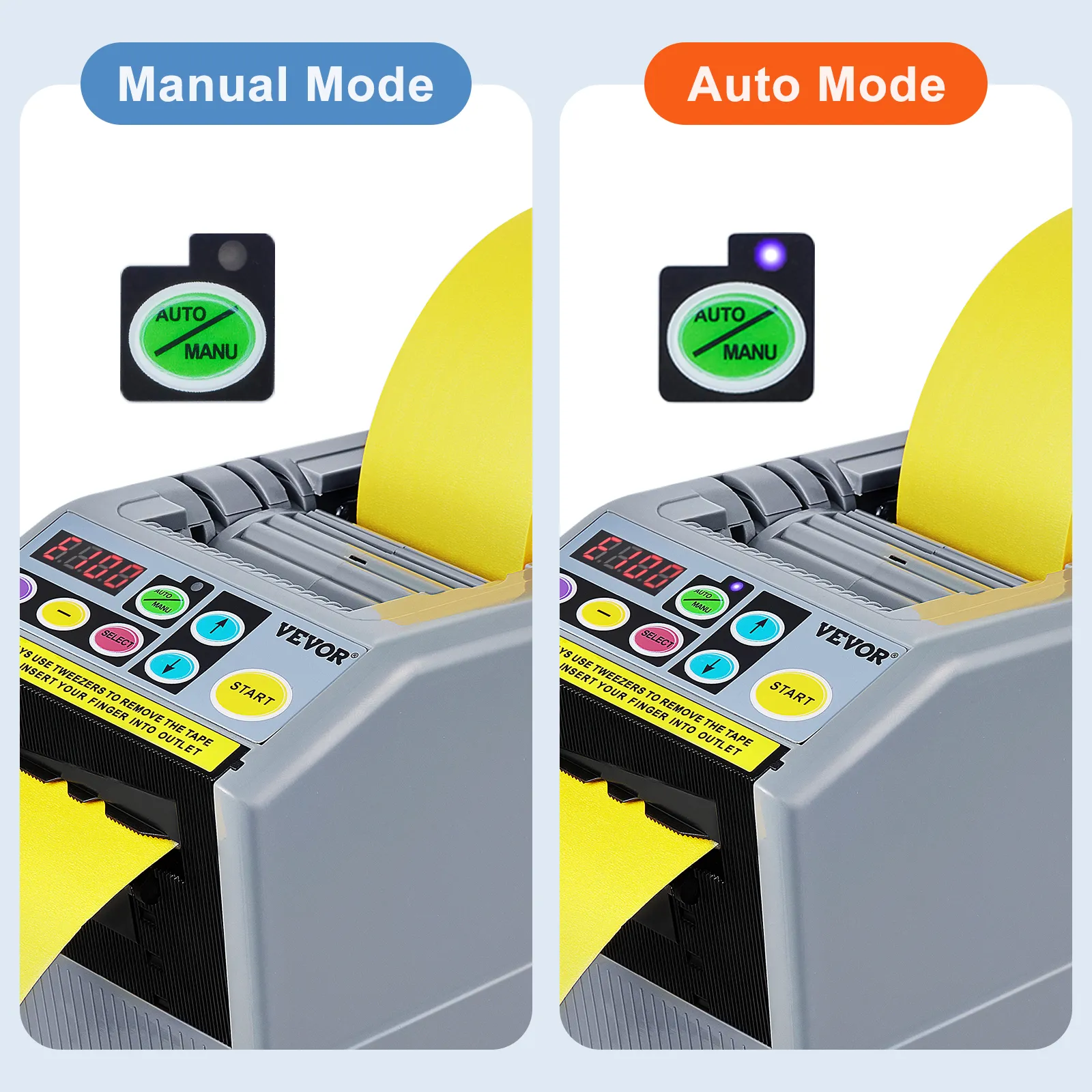 Dispensador de cinta automático VEVOR en modos manual y automático, mostrando la salida de cinta amarilla.