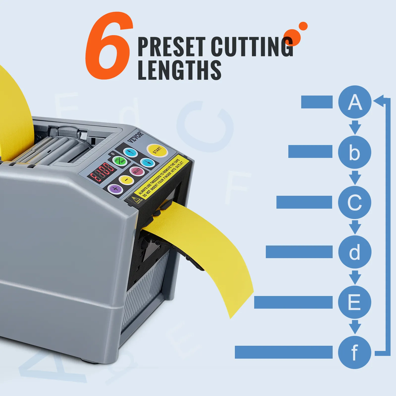 Dispensador de cinta automático VEVOR que muestra 6 opciones de longitudes de corte preestablecidas.
