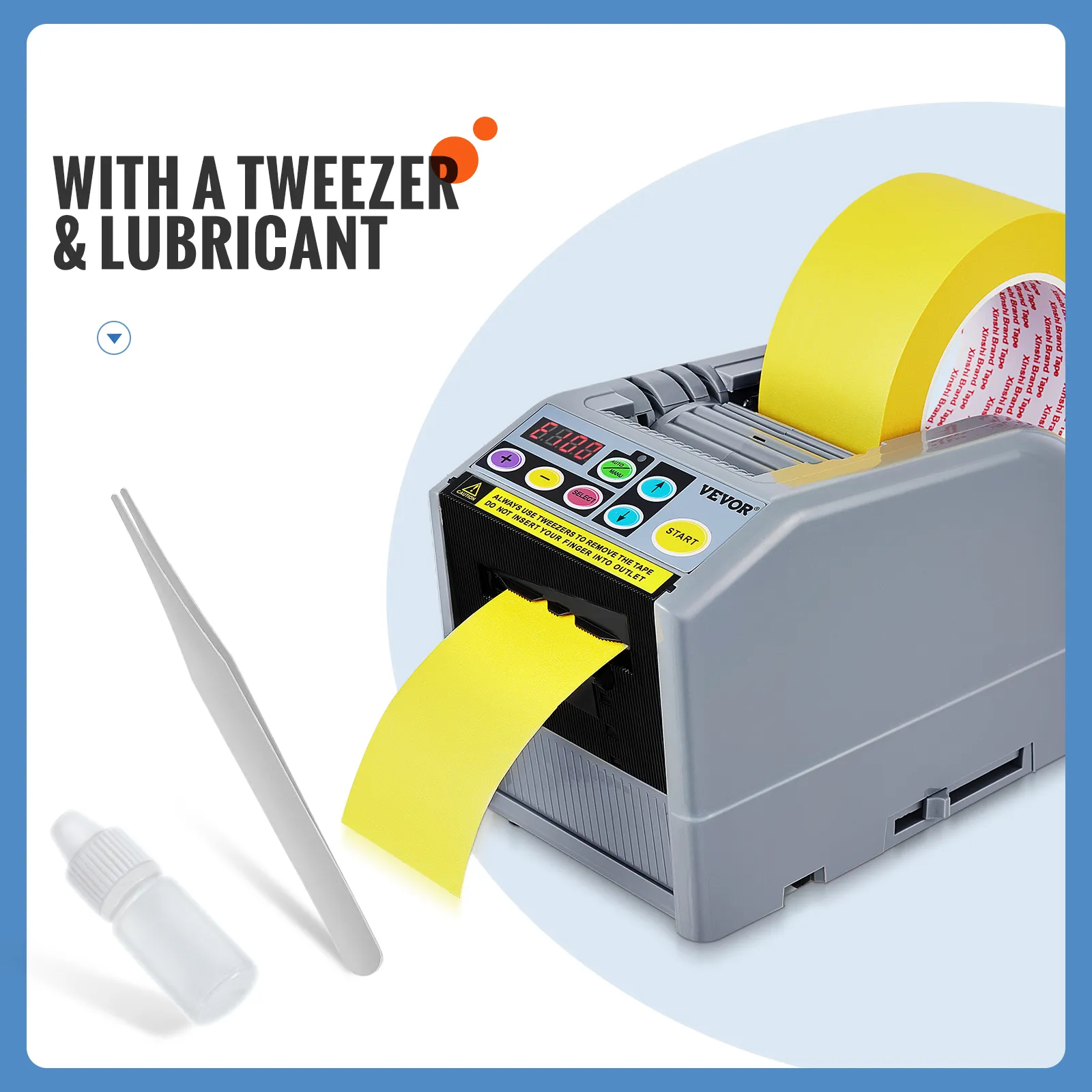 Dispensador de cinta automático VEVOR con cinta amarilla, pinza y botella de lubricante.