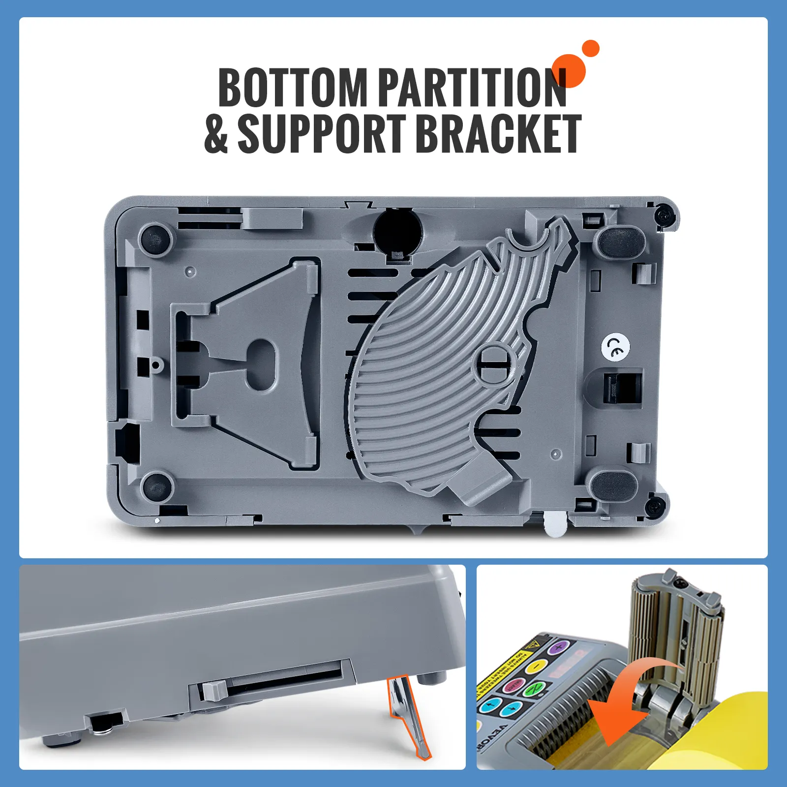 Detalles de la partición inferior y del soporte del dispensador de cinta automático VEVOR.