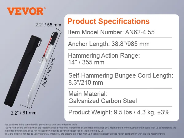 VEVOR sand spike anchor, 38.8"/985 mm galvanized carbon steel, with 14"/355 mm hammering action.