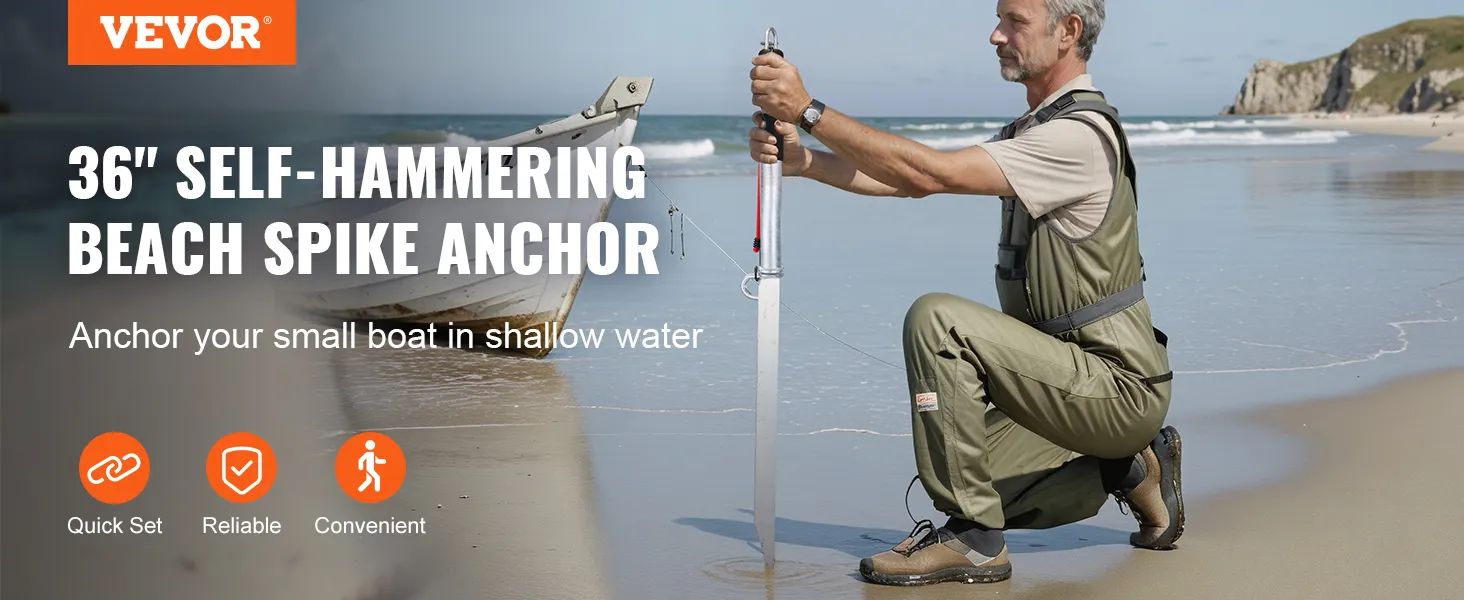 man using VEVOR sand spike anchor to secure small boat on a beach, with quick set, reliable, and convenient icons.