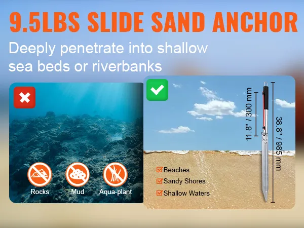 VEVOR sand spike anchor for beaches, sandy shores, shallow waters. avoid rocks, mud, and aquatic plants.