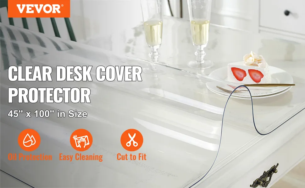 VEVOR clear table cover protector on white table with cake and champagne.