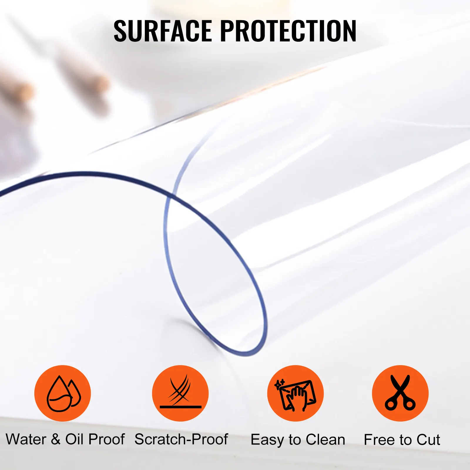 VEVOR clear table cover protector, scratch-proof, easy to clean, water and oil proof.