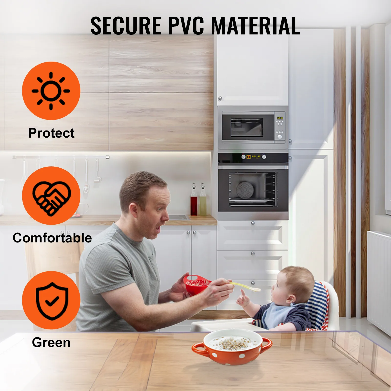VEVOR clear table cover protector in a modern kitchen, emphasizing protection and comfort.