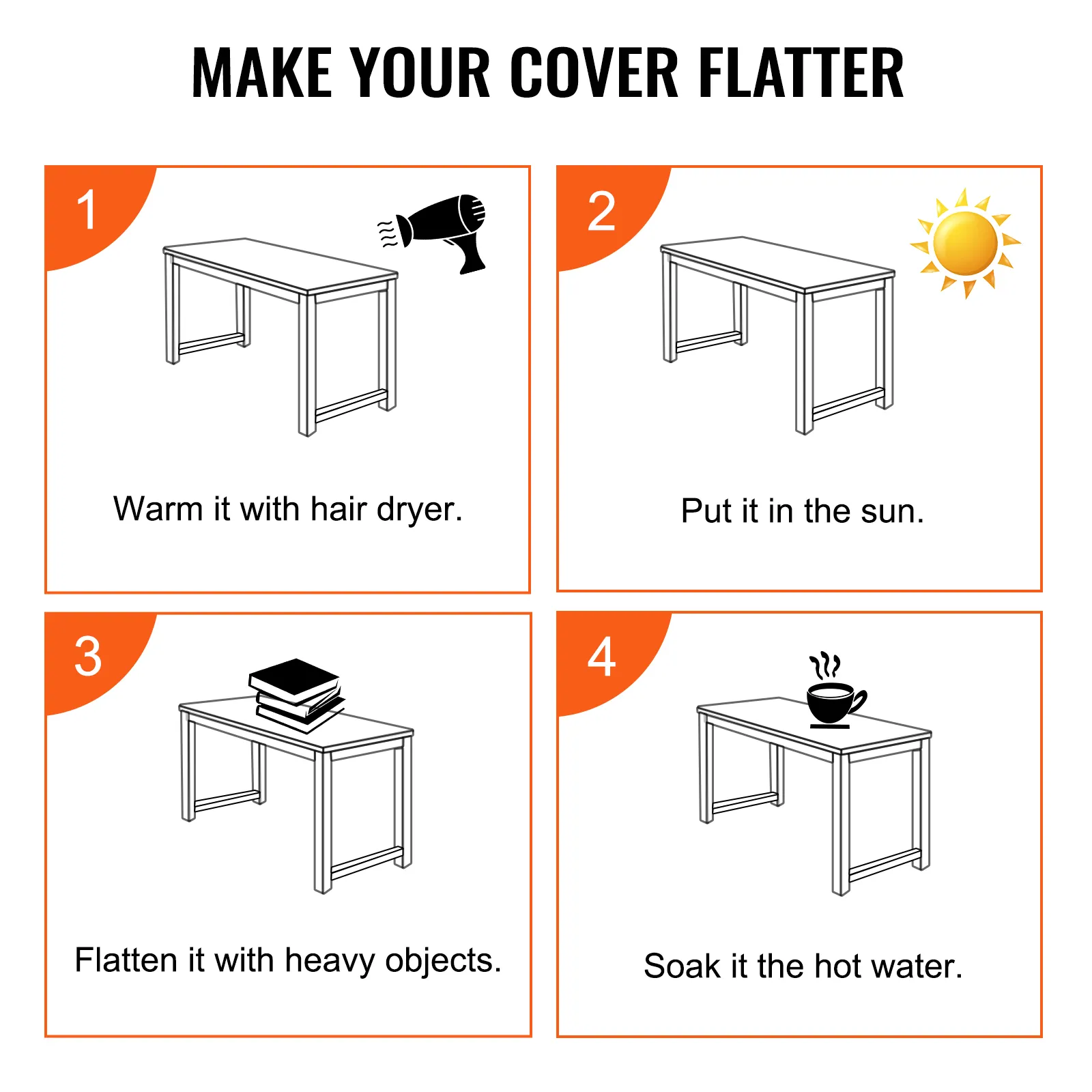 VEVOR clear table cover protector flattening tips: heat, sun, weights, or hot water.