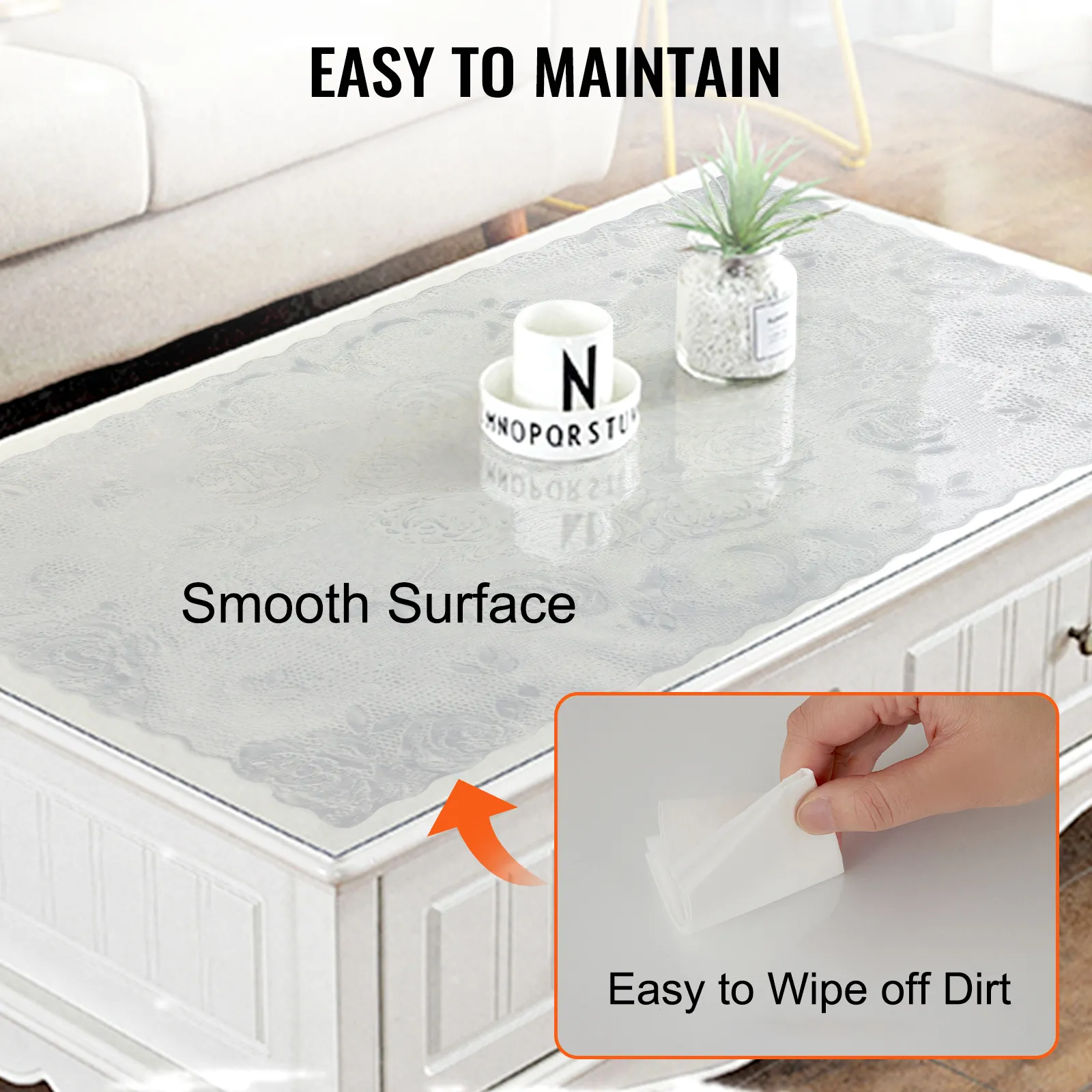 VEVOR clear table cover protector on white table, smooth surface, easy to maintain.