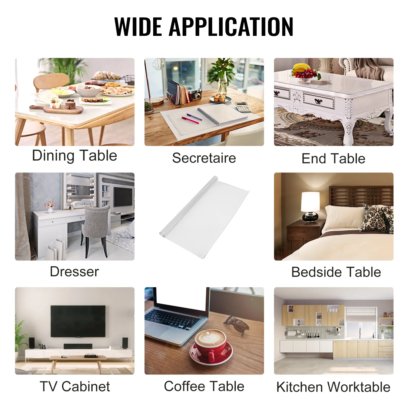 VEVOR clear table cover protector for multiple uses including dining and coffee tables.