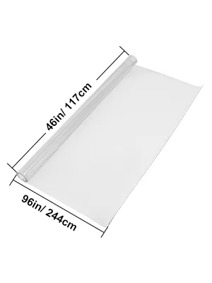 VEVOR clear table cover, 46x96 inches, transparent roll, dimensions labeled.