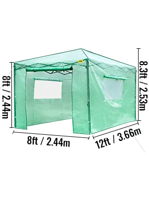 Invernadero emergente verde VEVOR Dimensiones: 8 pies x 12 pies x 8,3 pies con ventanas grandes.