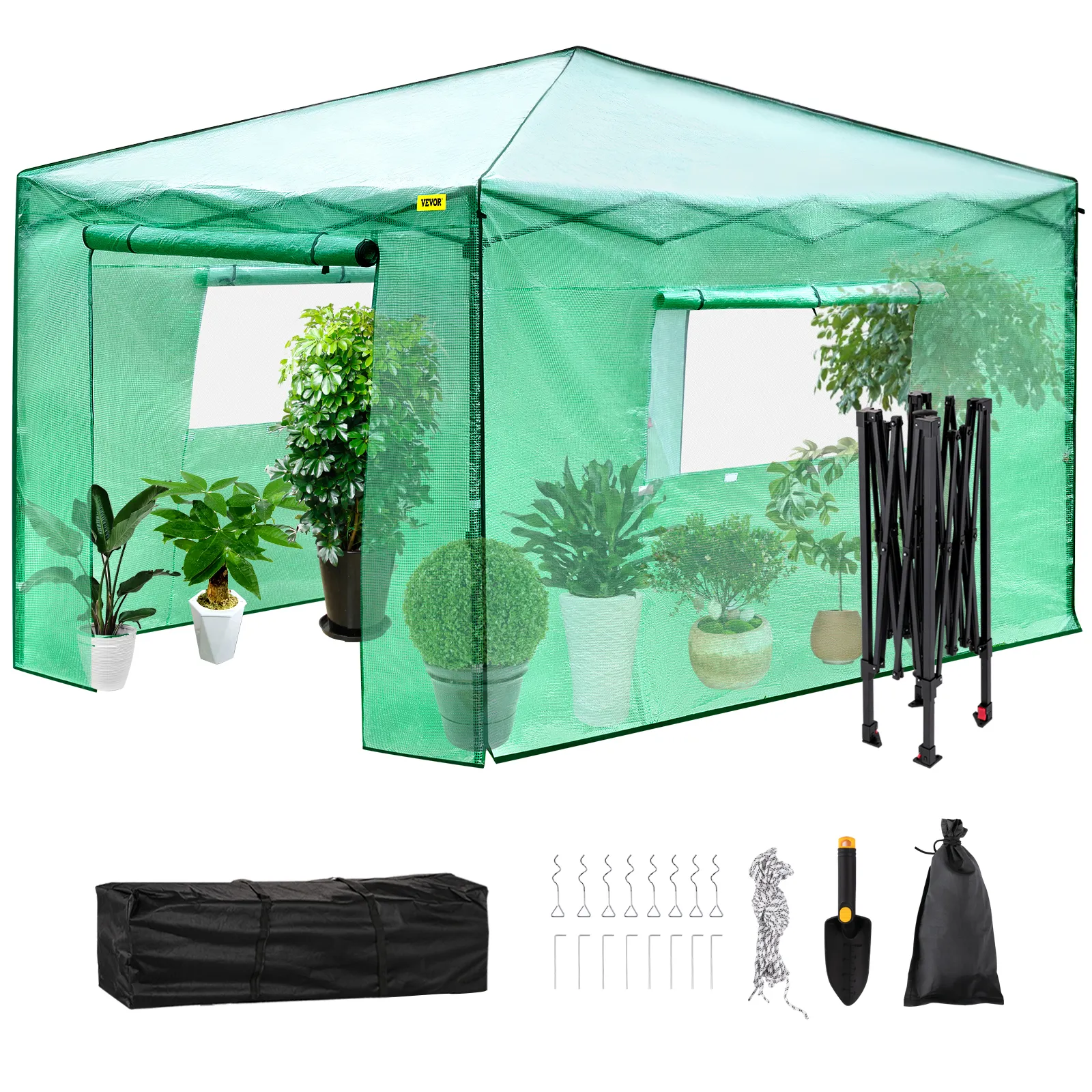 Invernadero emergente VEVOR que exhibe plantas, estructura plegable y herramientas de jardinería.