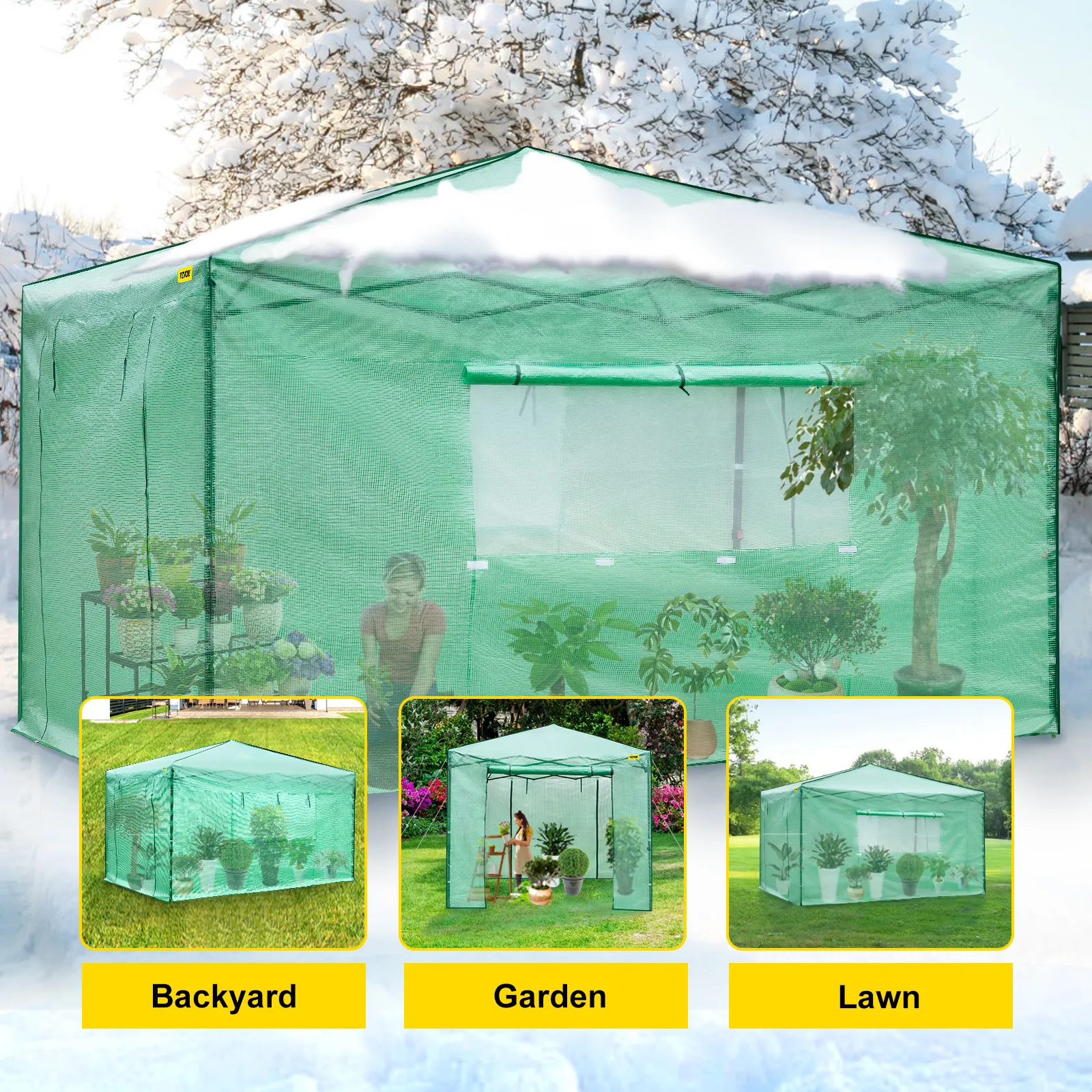 Invernadero emergente VEVOR en patios, jardines y césped con plantas en su interior.