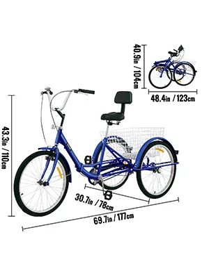 Triciclo para adultos VEVOR azul con cesta trasera grande, dimensiones etiquetadas que se muestran.