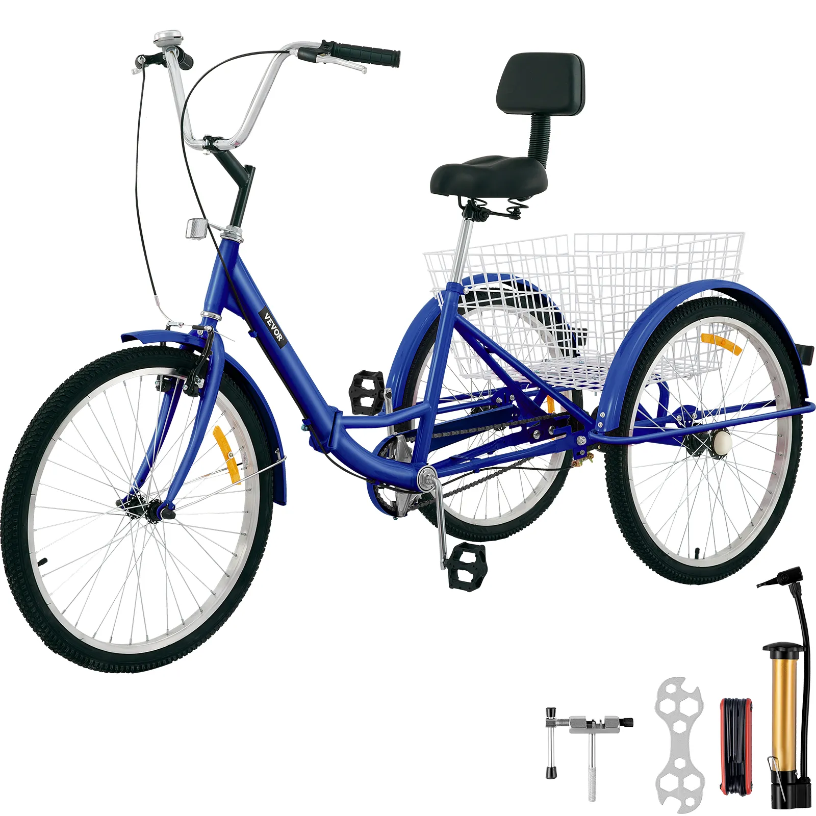 Triciclo VEVOR azul para adultos con cesta trasera, asiento acolchado y accesorios.