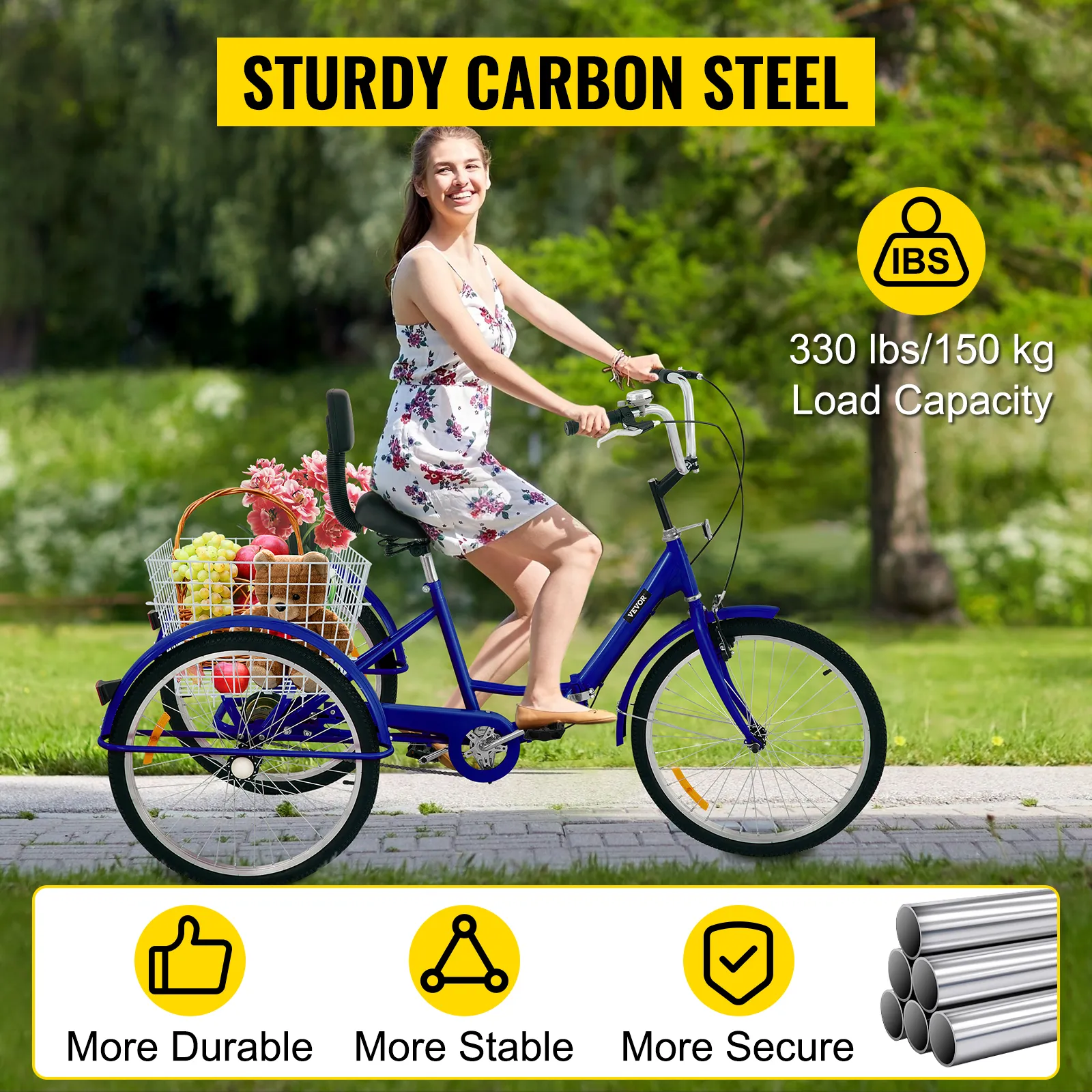 Triciclo para adultos VEVOR con marco de acero al carbono resistente, capacidad de carga de 330 libras y canasta trasera.