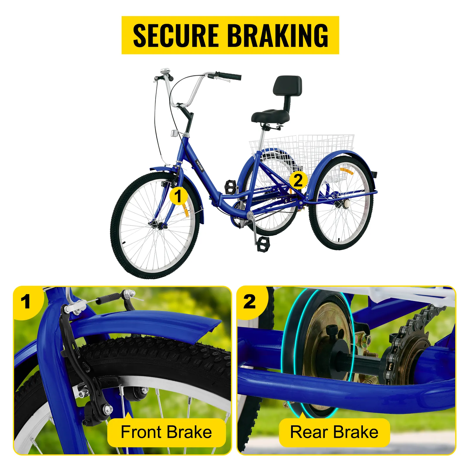 Triciclo para adultos VEVOR con sistema de frenado delantero y trasero seguro.