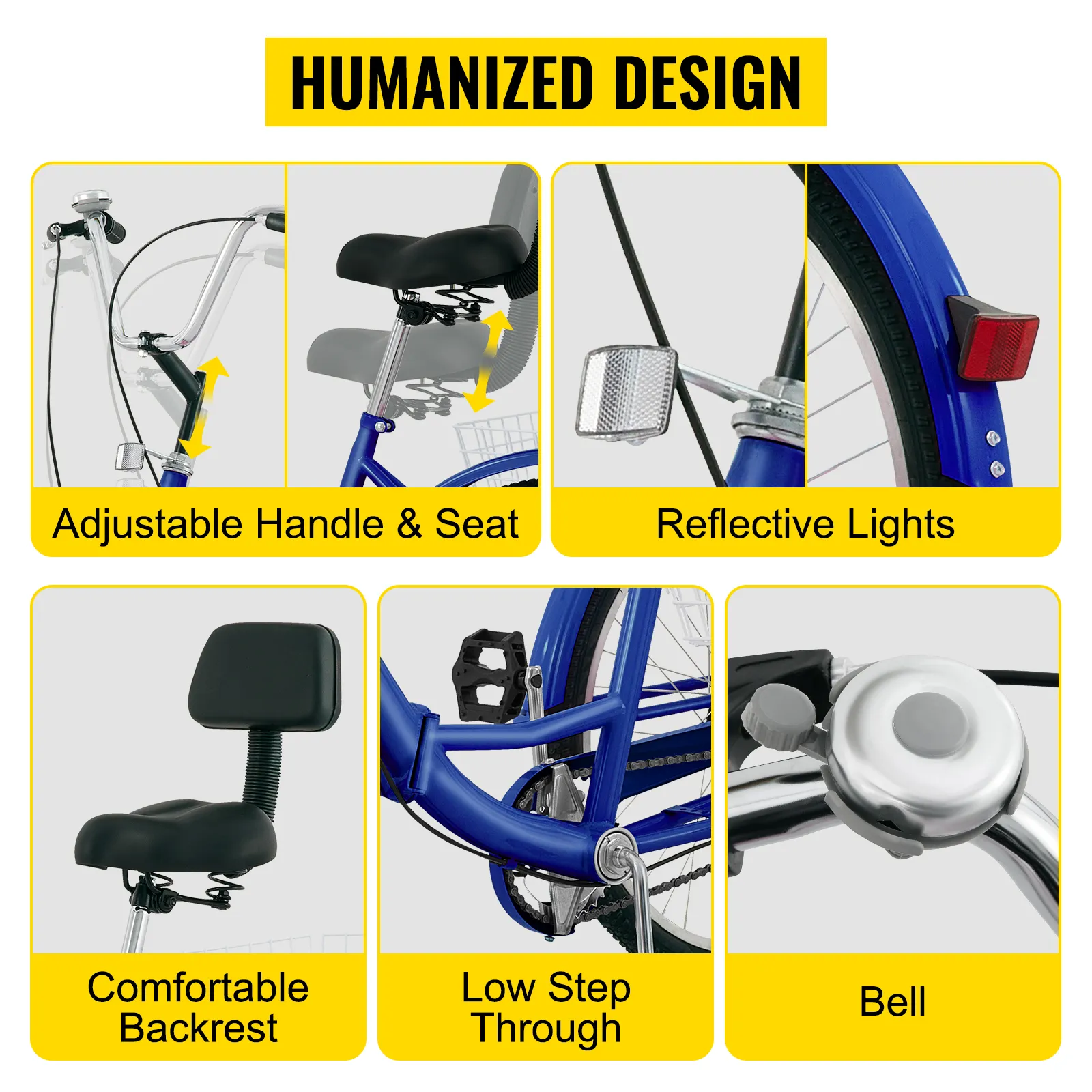 Triciclo para adultos VEVOR con manillar ajustable, asiento, luces reflectantes, respaldo y timbre.