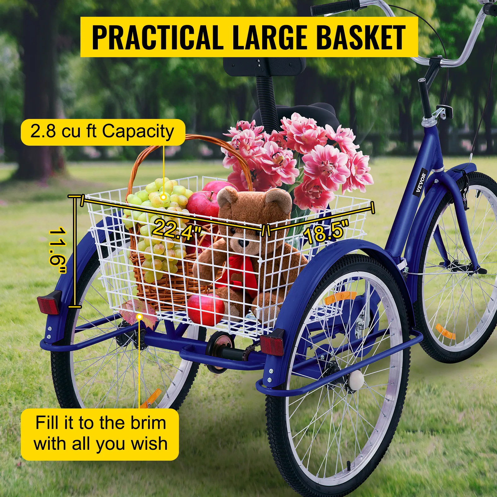 Triciclo para adultos VEVOR con cesta grande para compras y flores, capacidad de 2,8 pies cúbicos.